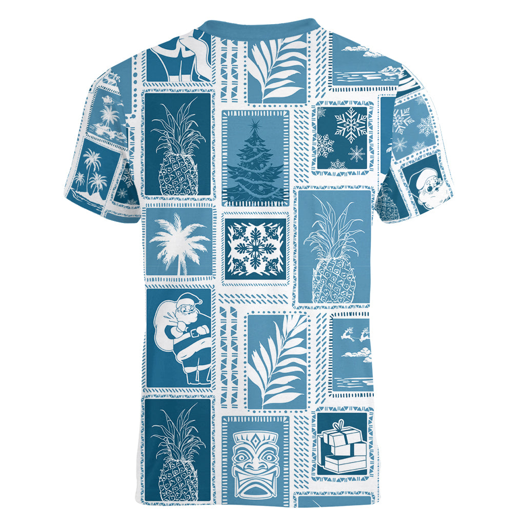 Hawaii Christmas Retro Patchwork Women V Neck T Shirt Aquamarine - Wonder Print Shop