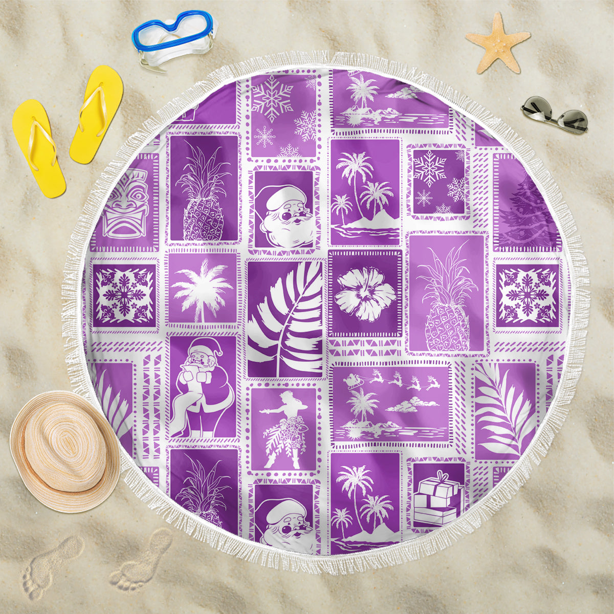 Hawaii Christmas Retro Patchwork Beach Blanket Violet LT7 - Wonder Print Shop