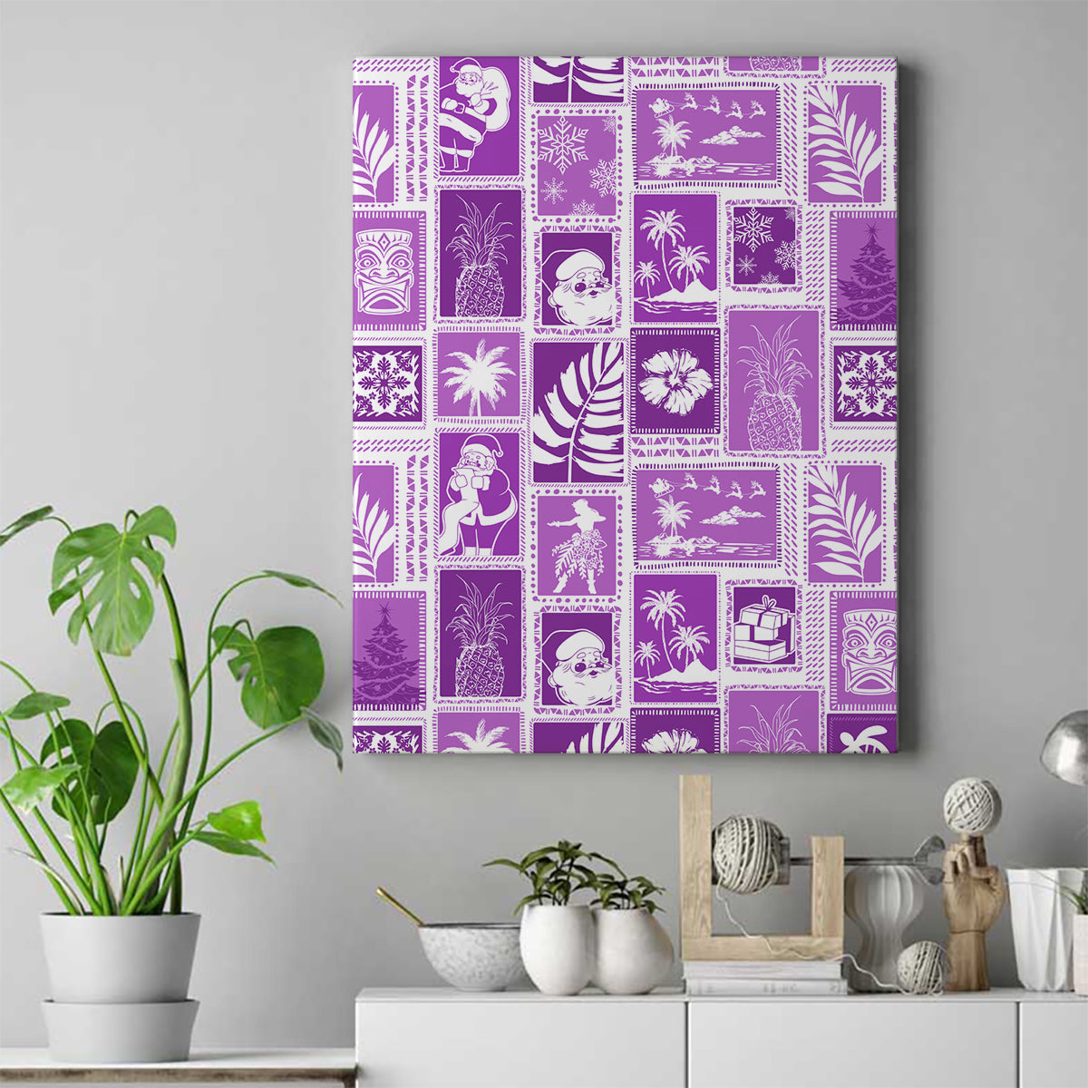 Hawaii Christmas Retro Patchwork Canvas Wall Art Violet LT7 - Wonder Print Shop