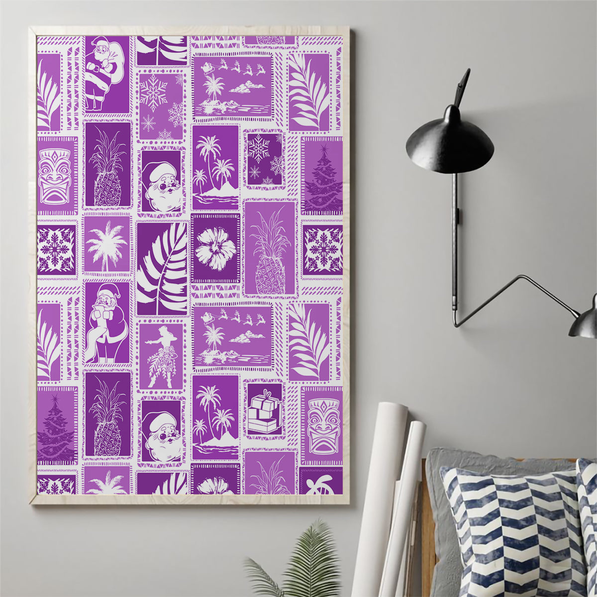 Hawaii Christmas Retro Patchwork Canvas Wall Art Violet LT7 - Wonder Print Shop