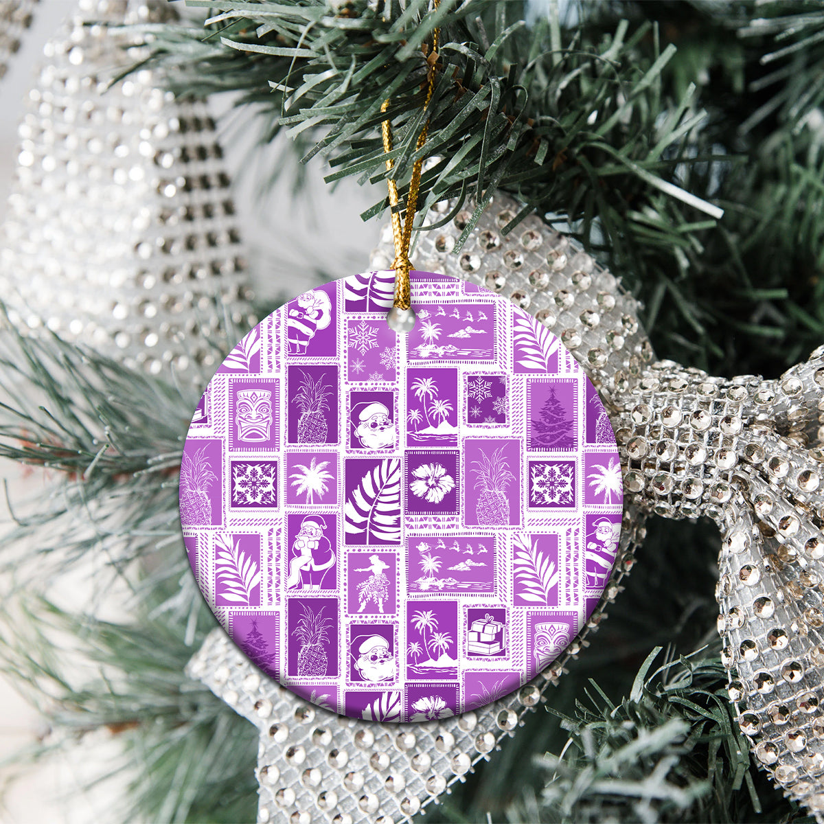 Hawaii Christmas Ceramic Ornament Retro Patchwork - Violet LT7 - Wonder Print Shop