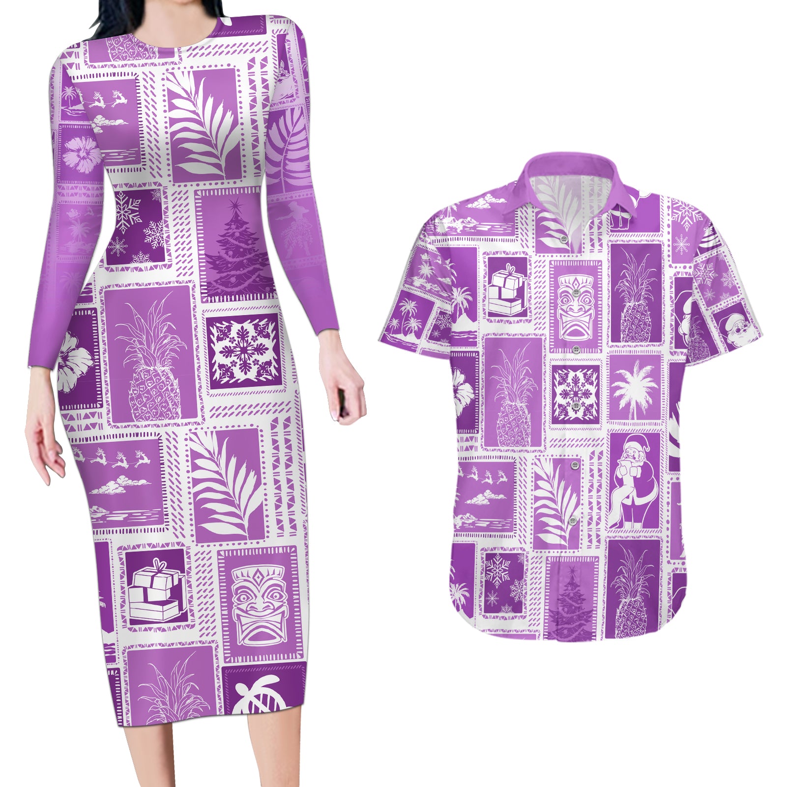 Hawaii Christmas Retro Patchwork Couples Matching Long Sleeve Bodycon Dress and Hawaiian Shirt Violet LT7 - Wonder Print Shop