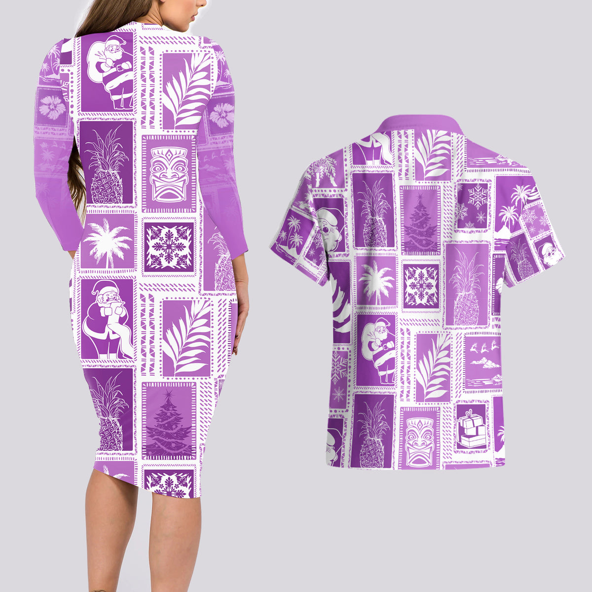 Hawaii Christmas Retro Patchwork Couples Matching Long Sleeve Bodycon Dress and Hawaiian Shirt Violet LT7 - Wonder Print Shop