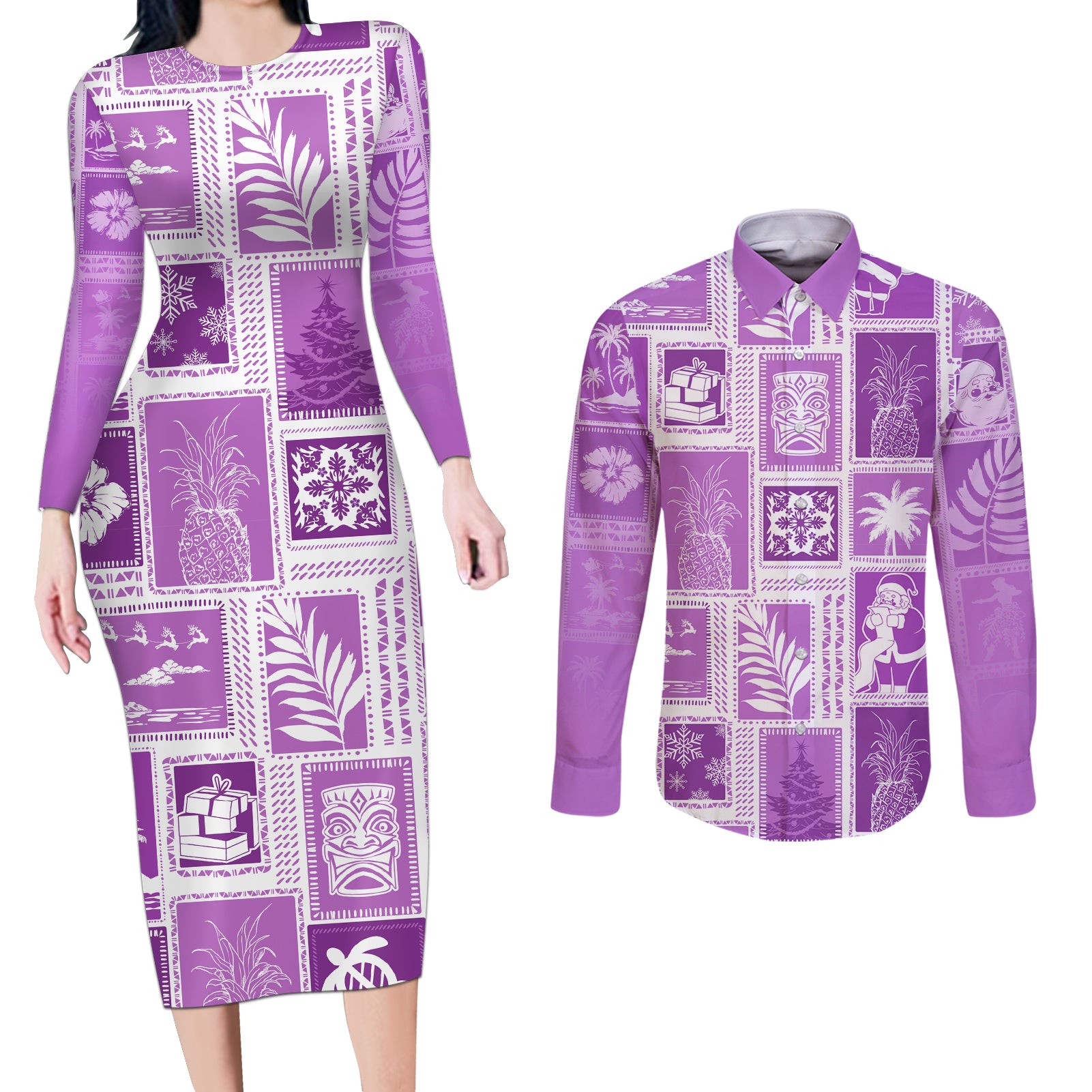 Hawaii Christmas Retro Patchwork Couples Matching Long Sleeve Bodycon Dress and Long Sleeve Button Shirt Violet LT7 - Wonder Print Shop