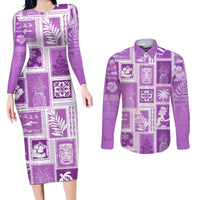 Hawaii Christmas Retro Patchwork Couples Matching Long Sleeve Bodycon Dress and Long Sleeve Button Shirt Violet LT7 - Wonder Print Shop