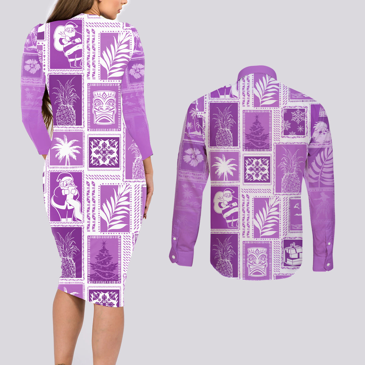 Hawaii Christmas Retro Patchwork Couples Matching Long Sleeve Bodycon Dress and Long Sleeve Button Shirt Violet LT7 - Wonder Print Shop