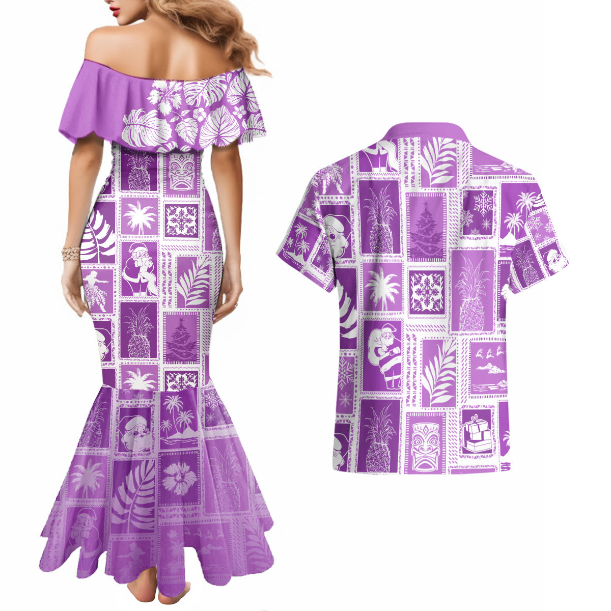 Hawaii Christmas Retro Patchwork Couples Matching Mermaid Dress and Hawaiian Shirt Violet LT7 - Wonder Print Shop