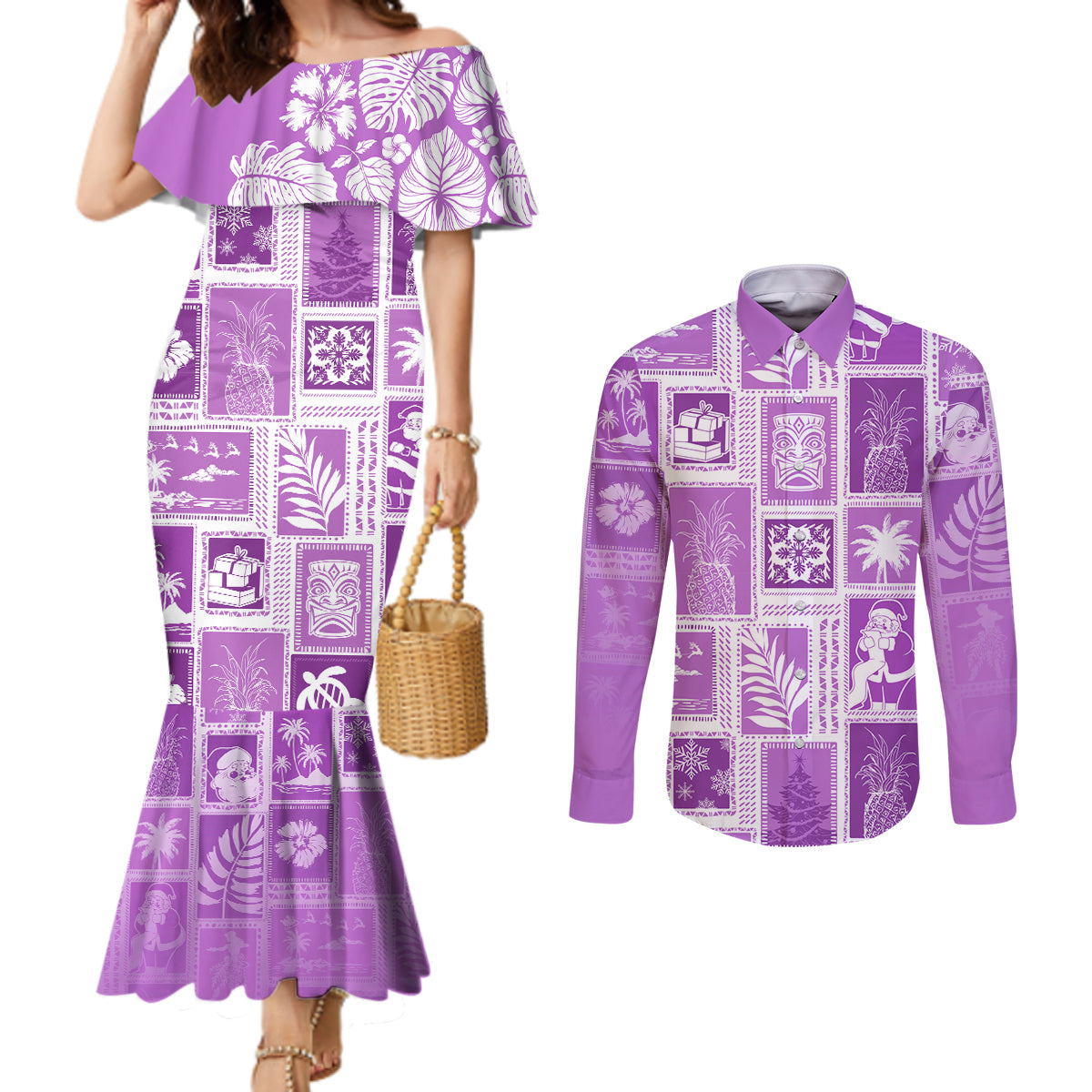 hawaii-christmas-retro-patchwork-couples-matching-mermaid-dress-and-long-sleeve-button-shirt-violet