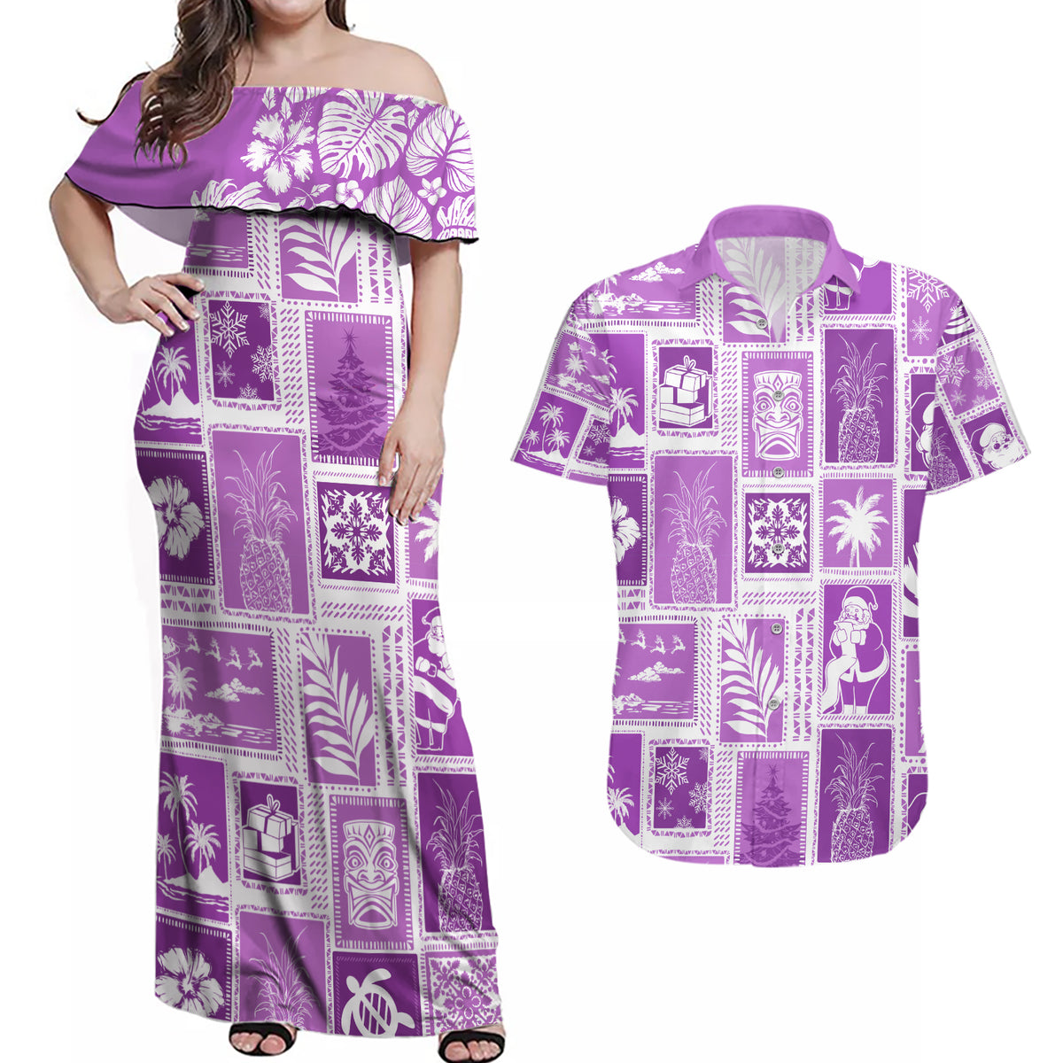 Hawaii Christmas Retro Patchwork Couples Matching Off Shoulder Maxi Dress and Hawaiian Shirt Violet LT7 - Wonder Print Shop