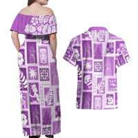 Hawaii Christmas Retro Patchwork Couples Matching Off Shoulder Maxi Dress and Hawaiian Shirt Violet LT7 - Wonder Print Shop