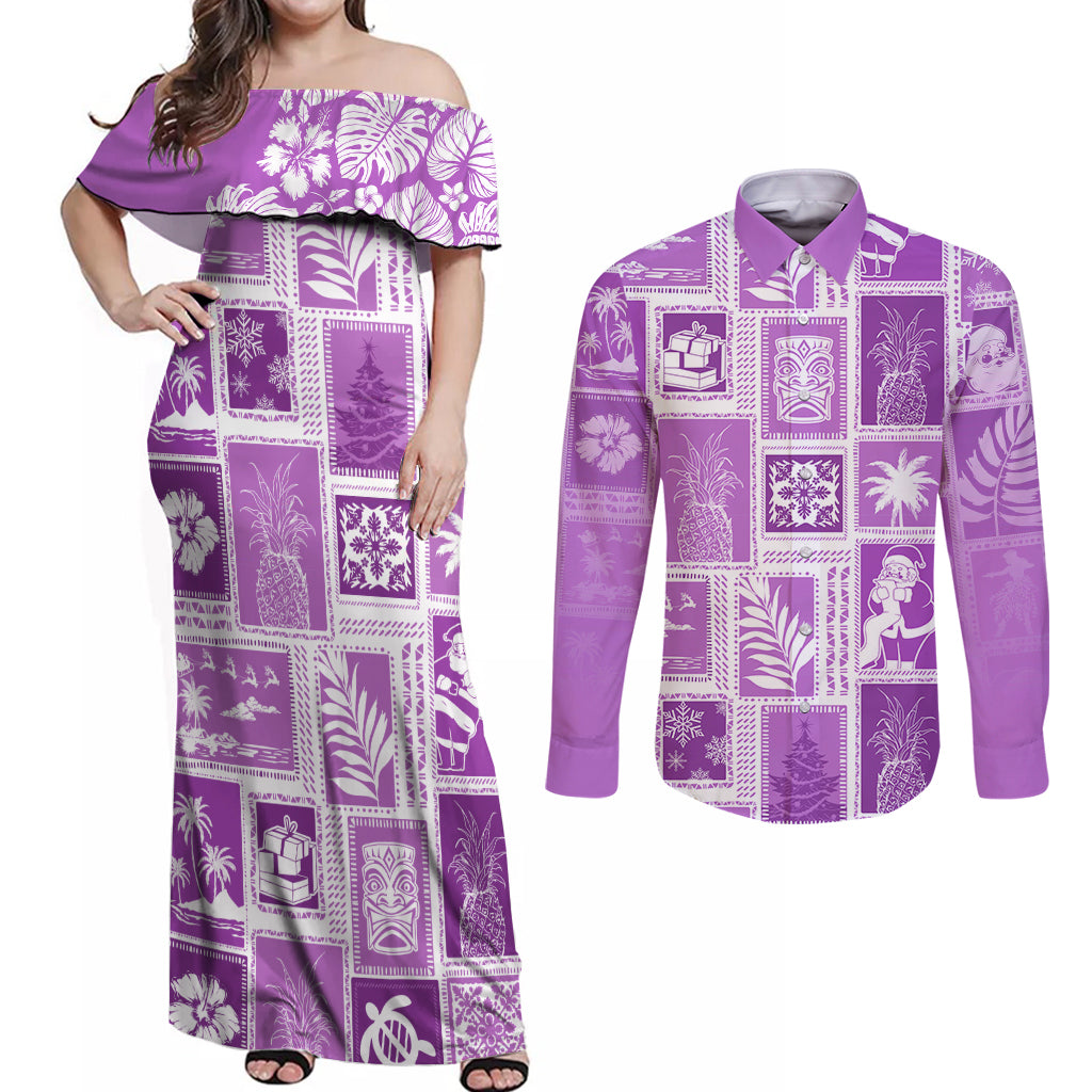 Hawaii Christmas Retro Patchwork Couples Matching Off Shoulder Maxi Dress and Long Sleeve Button Shirt Violet LT7 - Wonder Print Shop