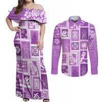 Hawaii Christmas Retro Patchwork Couples Matching Off Shoulder Maxi Dress and Long Sleeve Button Shirt Violet LT7 - Wonder Print Shop