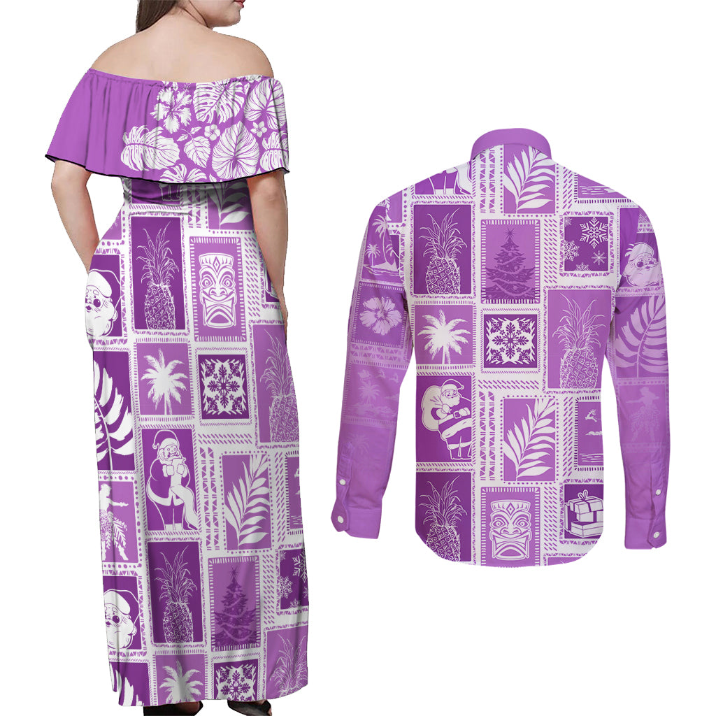 Hawaii Christmas Retro Patchwork Couples Matching Off Shoulder Maxi Dress and Long Sleeve Button Shirt Violet LT7 - Wonder Print Shop