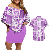 Hawaii Christmas Retro Patchwork Couples Matching Off Shoulder Short Dress and Hawaiian Shirt Violet LT7 - Wonder Print Shop