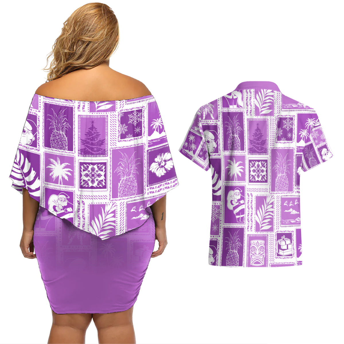 Hawaii Christmas Retro Patchwork Couples Matching Off Shoulder Short Dress and Hawaiian Shirt Violet LT7 - Wonder Print Shop