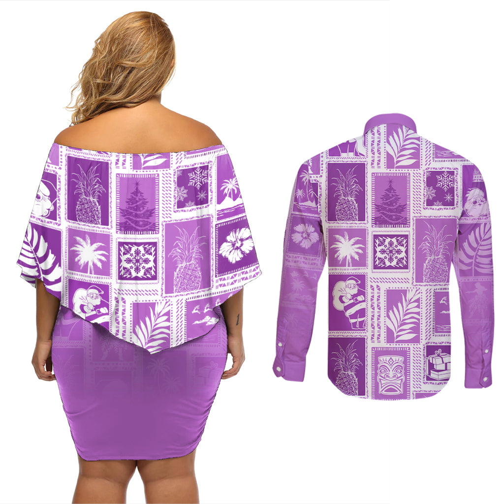 Hawaii Christmas Retro Patchwork Couples Matching Off Shoulder Short Dress and Long Sleeve Button Shirt Violet LT7 - Wonder Print Shop