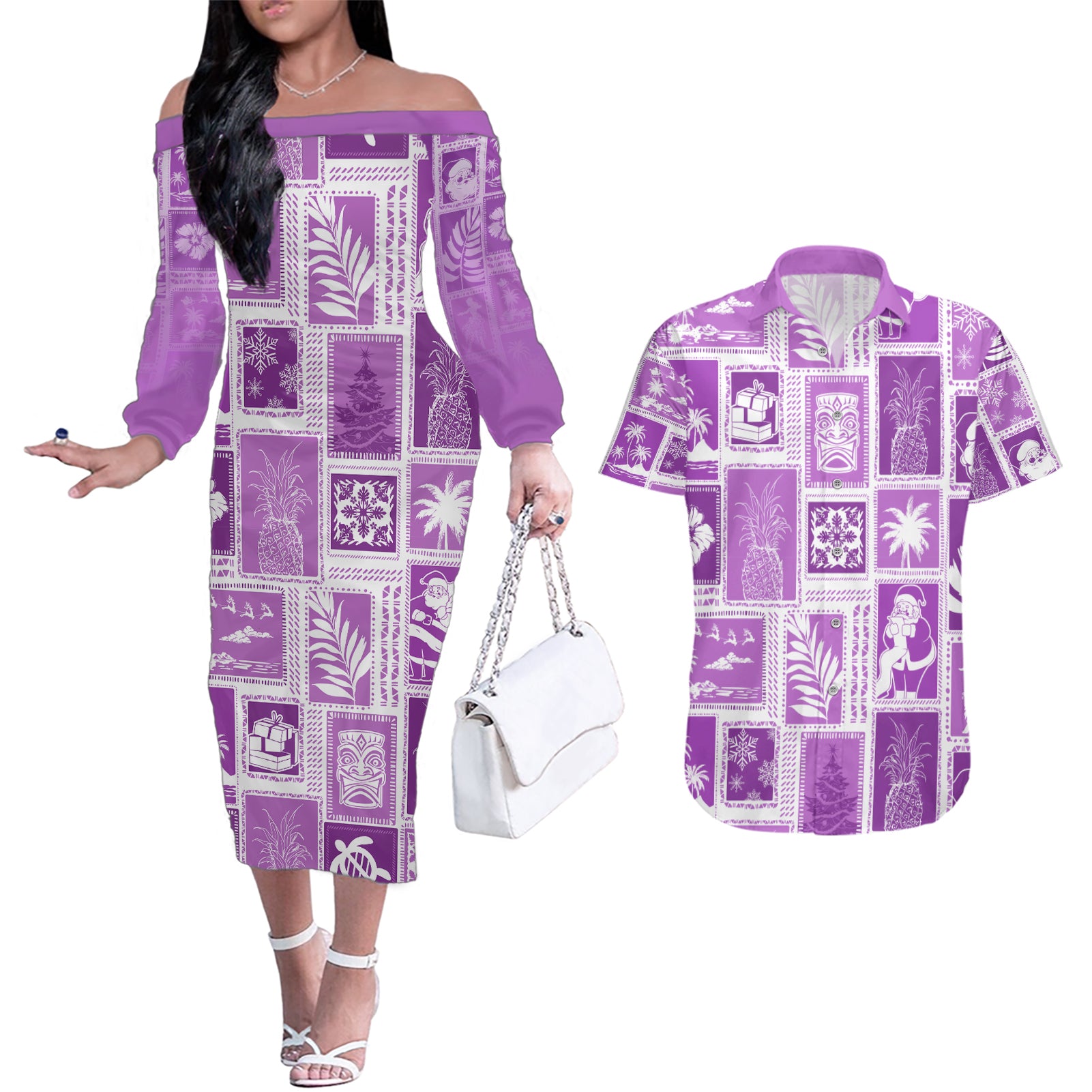 Hawaii Christmas Retro Patchwork Couples Matching Off The Shoulder Long Sleeve Dress and Hawaiian Shirt Violet LT7 - Wonder Print Shop
