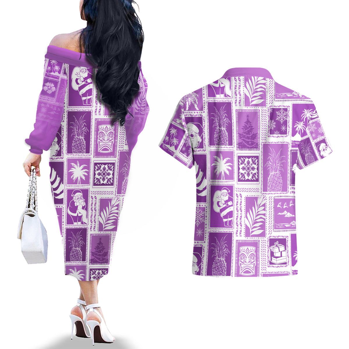 Hawaii Christmas Retro Patchwork Couples Matching Off The Shoulder Long Sleeve Dress and Hawaiian Shirt Violet LT7 - Wonder Print Shop
