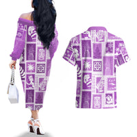 Hawaii Christmas Retro Patchwork Couples Matching Off The Shoulder Long Sleeve Dress and Hawaiian Shirt Violet LT7 - Wonder Print Shop