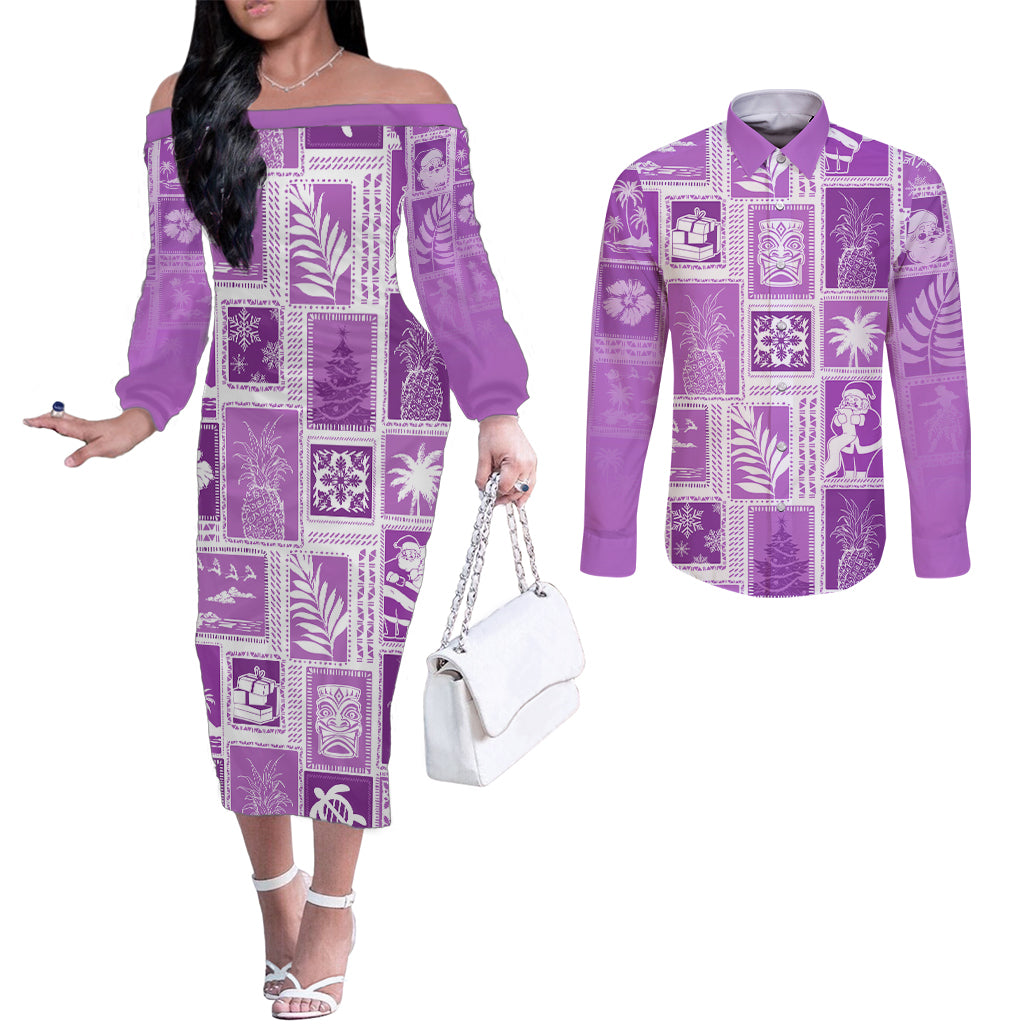 hawaii-christmas-retro-patchwork-couples-matching-off-the-shoulder-long-sleeve-dress-and-long-sleeve-button-shirt-violet