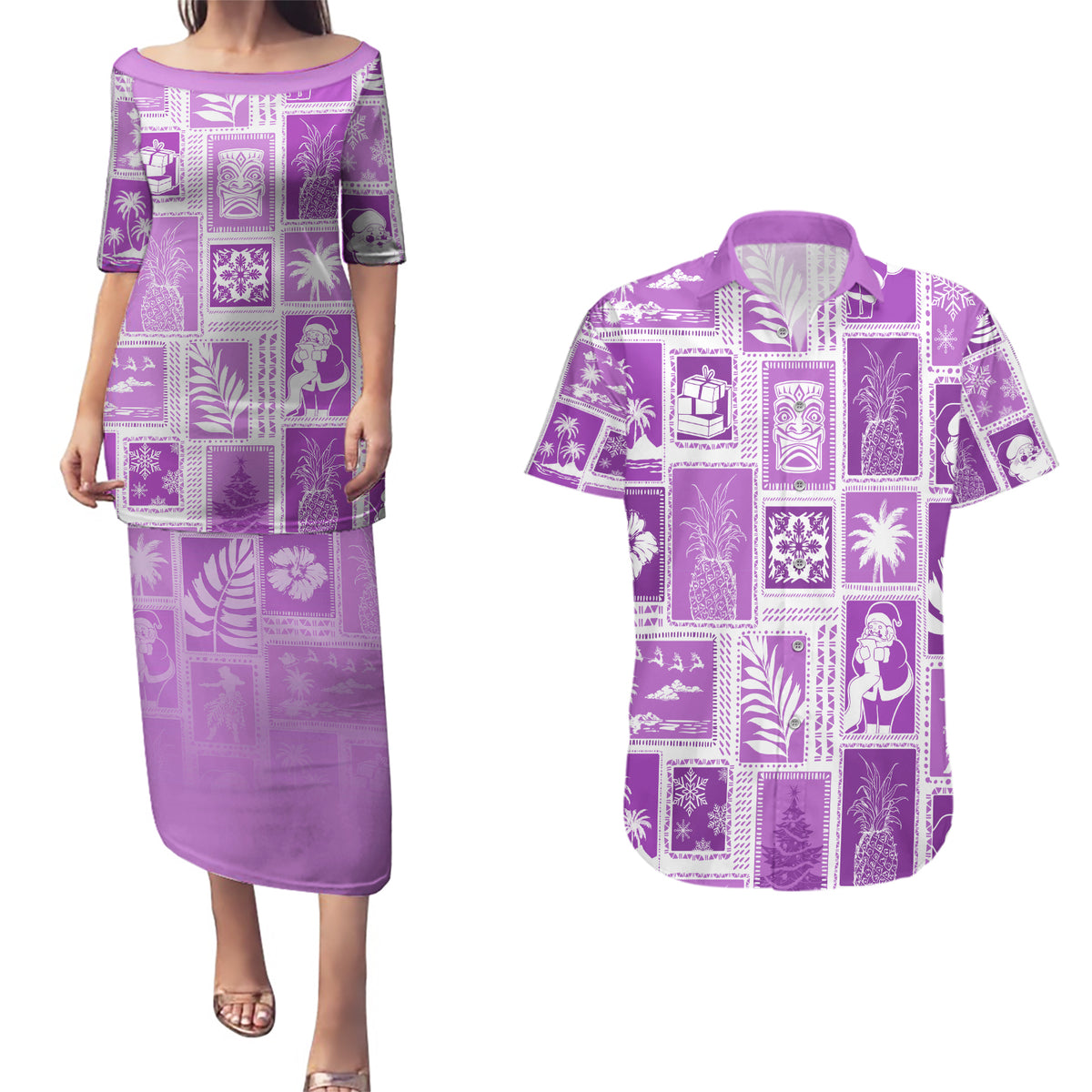 Hawaii Christmas Retro Patchwork Couples Matching Puletasi Dress and Hawaiian Shirt Violet LT7 - Wonder Print Shop