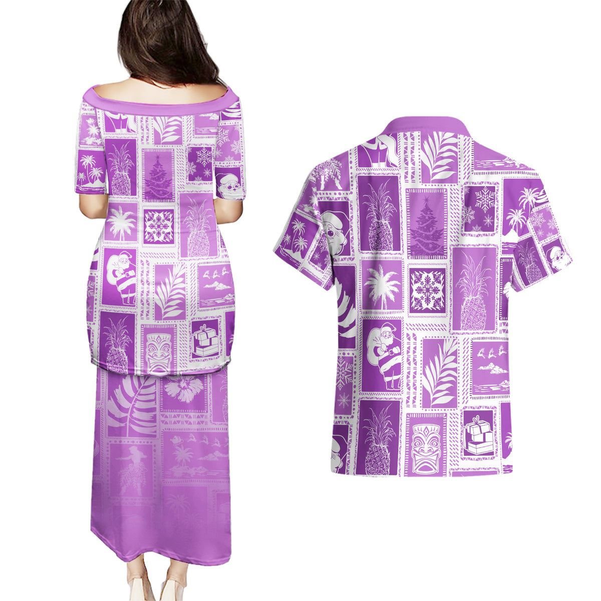 Hawaii Christmas Retro Patchwork Couples Matching Puletasi Dress and Hawaiian Shirt Violet LT7 - Wonder Print Shop