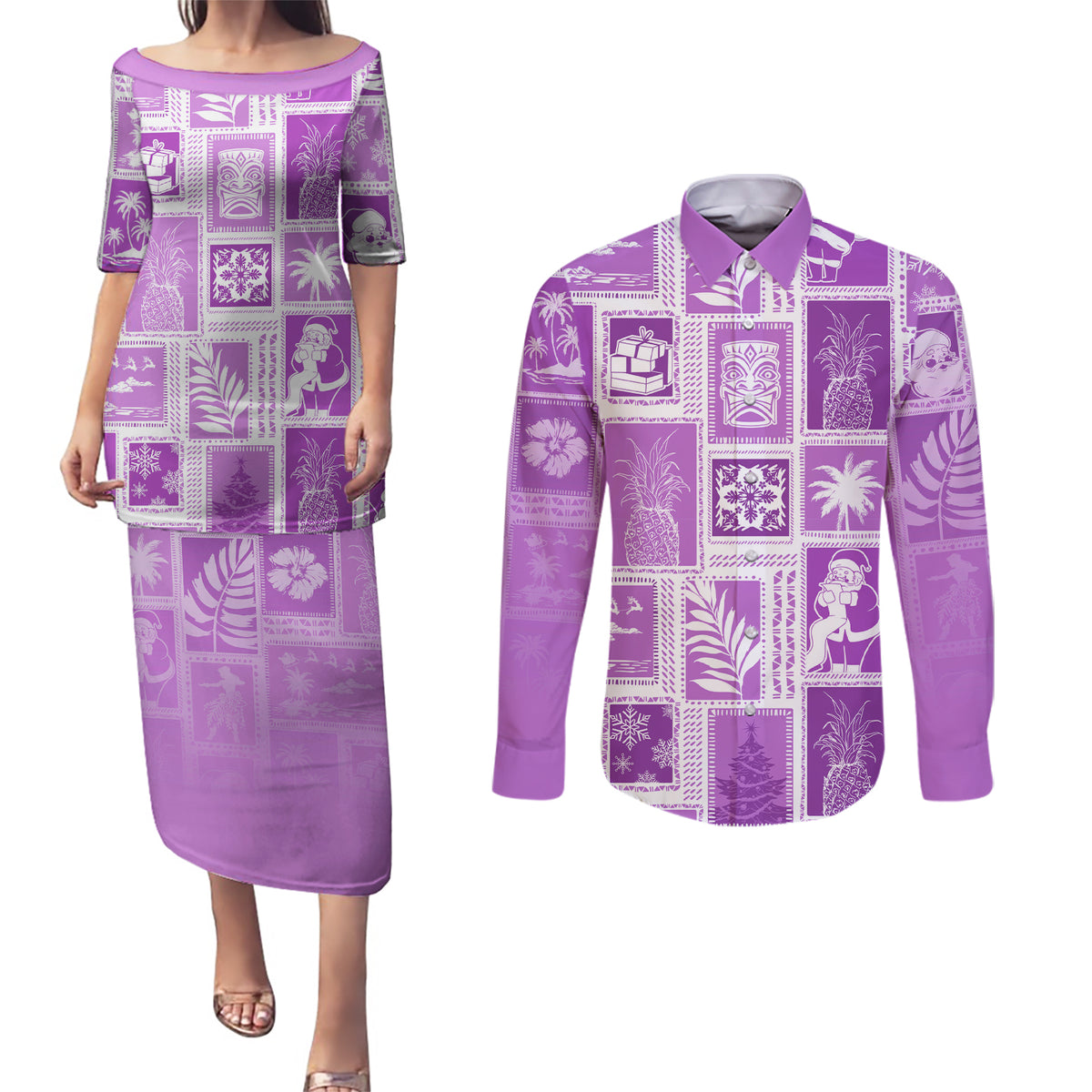 Hawaii Christmas Retro Patchwork Couples Matching Puletasi Dress and Long Sleeve Button Shirt Violet LT7 - Wonder Print Shop
