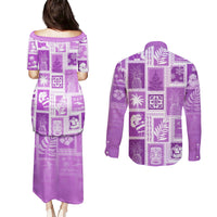 Hawaii Christmas Retro Patchwork Couples Matching Puletasi Dress and Long Sleeve Button Shirt Violet LT7 - Wonder Print Shop