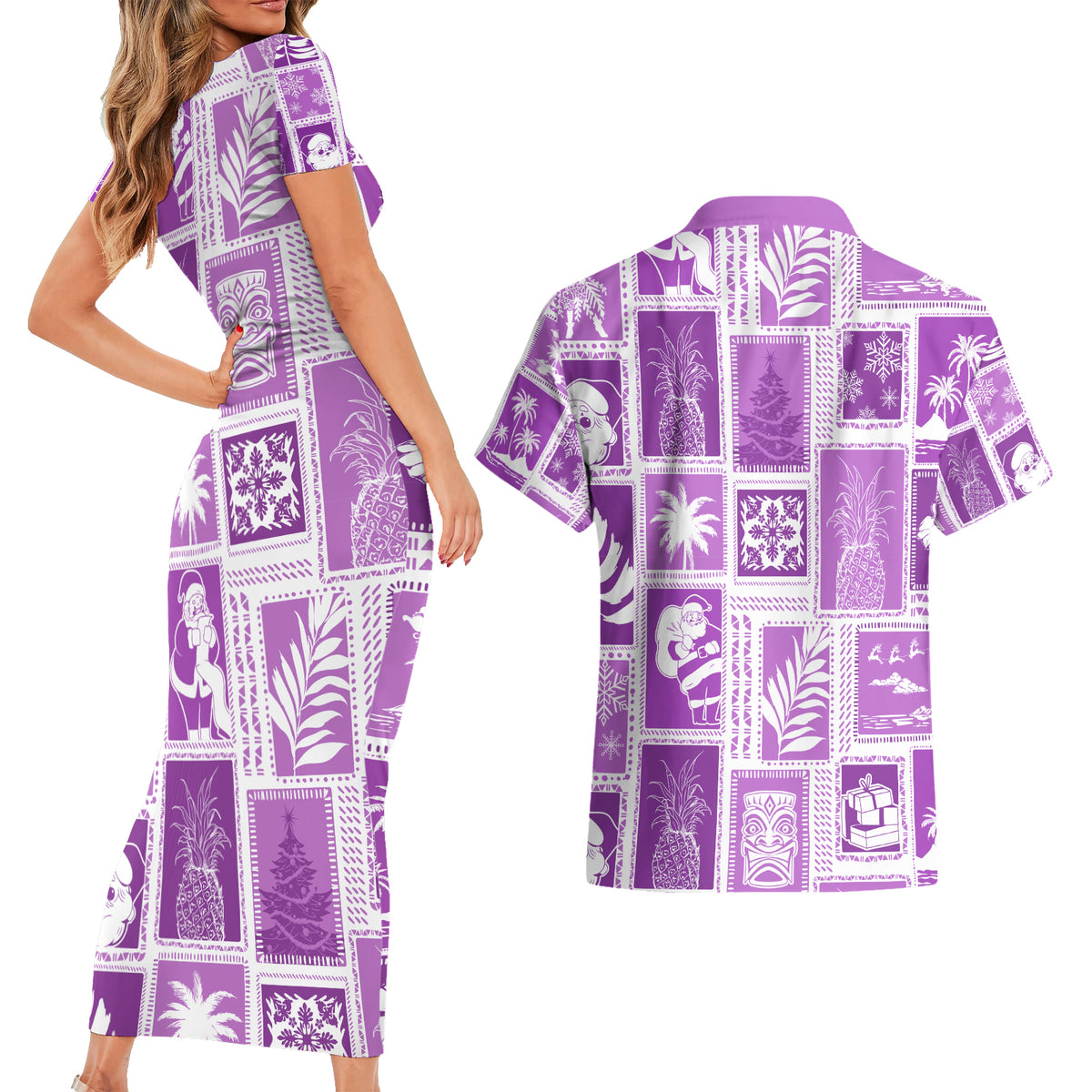 Hawaii Christmas Retro Patchwork Couples Matching Short Sleeve Bodycon Dress and Hawaiian Shirt Violet LT7 - Wonder Print Shop