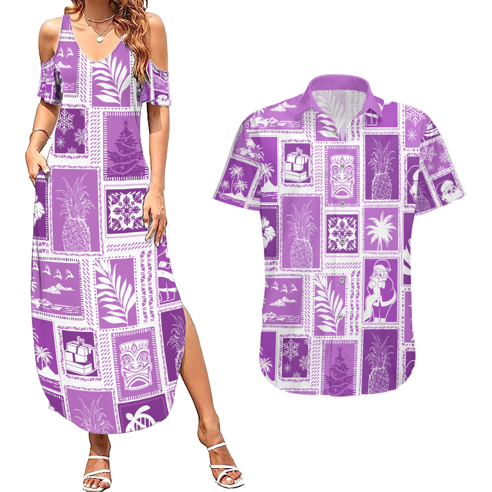 Hawaii Christmas Retro Patchwork Couples Matching Summer Maxi Dress and Hawaiian Shirt Violet LT7 - Wonder Print Shop