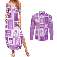 Hawaii Christmas Retro Patchwork Couples Matching Summer Maxi Dress and Long Sleeve Button Shirt Violet LT7 - Wonder Print Shop