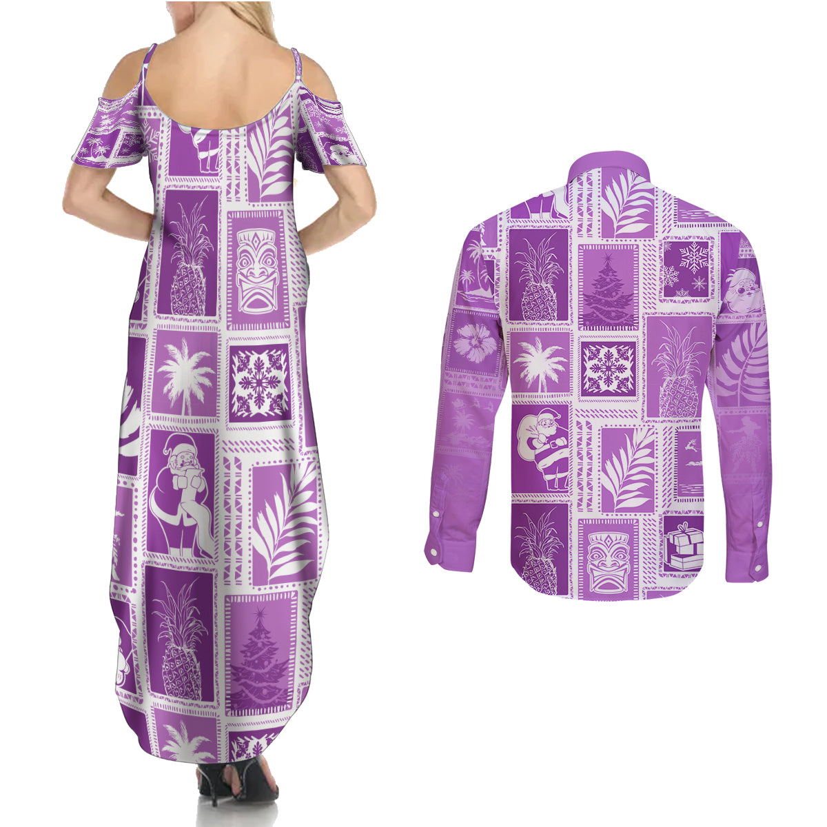Hawaii Christmas Retro Patchwork Couples Matching Summer Maxi Dress and Long Sleeve Button Shirt Violet LT7 - Wonder Print Shop