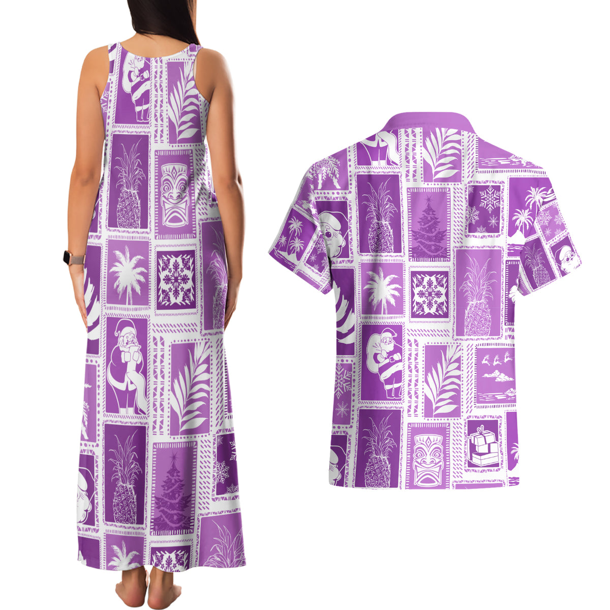 Hawaii Christmas Retro Patchwork Couples Matching Tank Maxi Dress and Hawaiian Shirt Violet LT7 - Wonder Print Shop