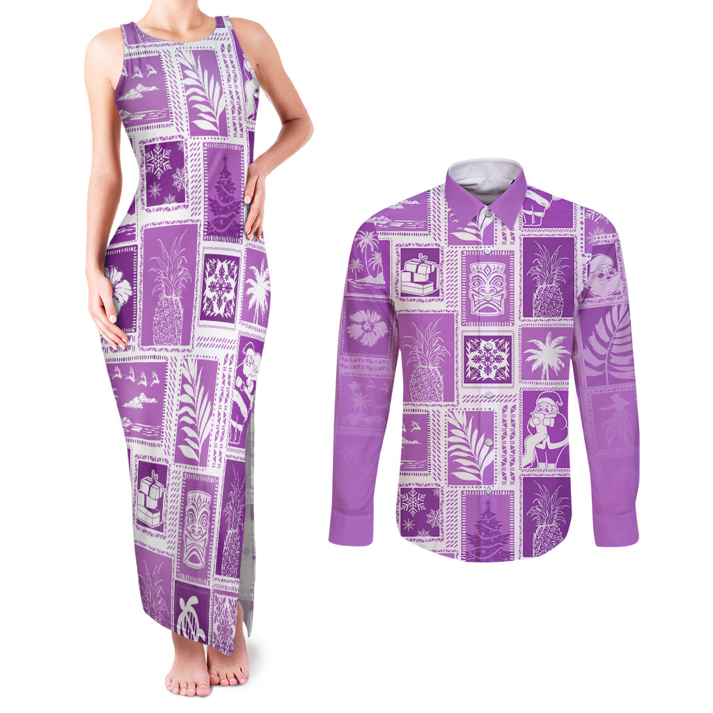 Hawaii Christmas Retro Patchwork Couples Matching Tank Maxi Dress and Long Sleeve Button Shirt Violet LT7 - Wonder Print Shop