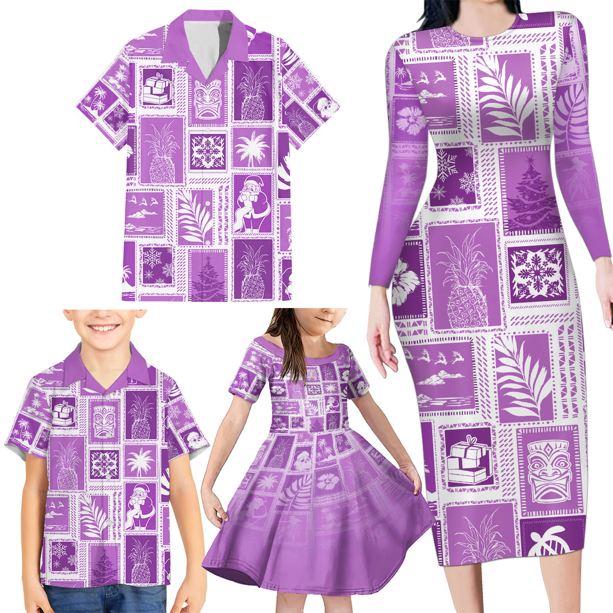 Hawaii Christmas Retro Patchwork Family Matching Long Sleeve Bodycon Dress and Hawaiian Shirt Violet LT7 - Wonder Print Shop
