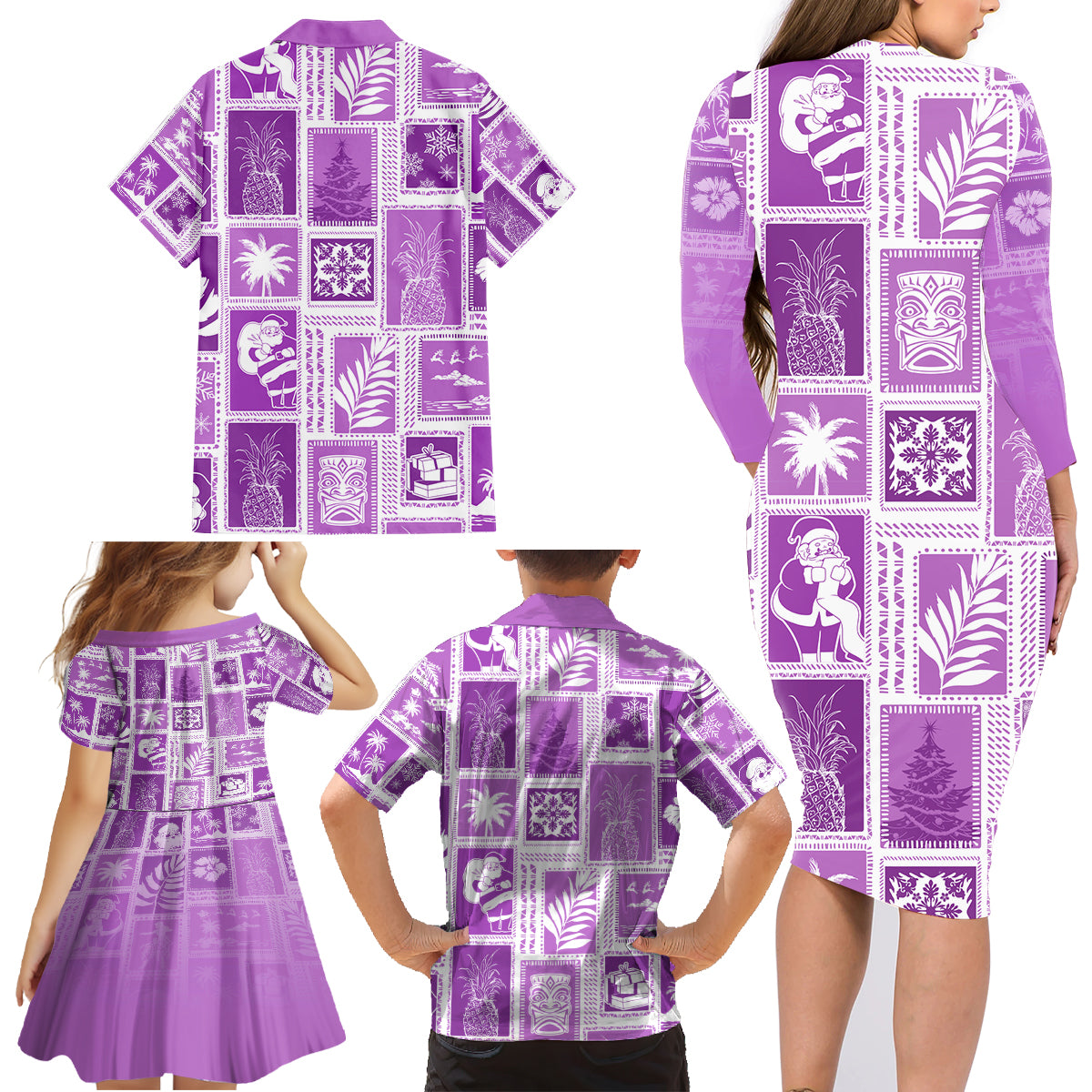 Hawaii Christmas Retro Patchwork Family Matching Long Sleeve Bodycon Dress and Hawaiian Shirt Violet LT7 - Wonder Print Shop