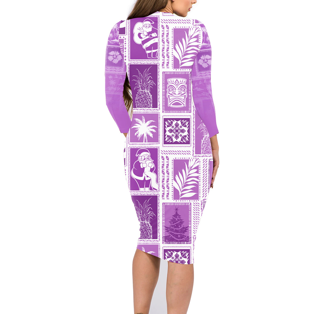Hawaii Christmas Retro Patchwork Family Matching Long Sleeve Bodycon Dress and Hawaiian Shirt Violet LT7 - Wonder Print Shop