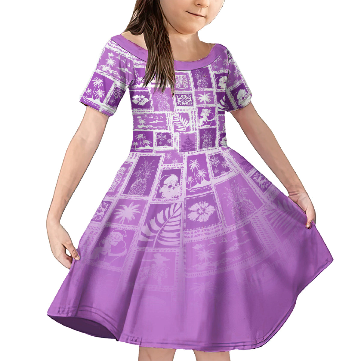 Hawaii Christmas Retro Patchwork Family Matching Mermaid Dress and Hawaiian Shirt Violet LT7 - Wonder Print Shop
