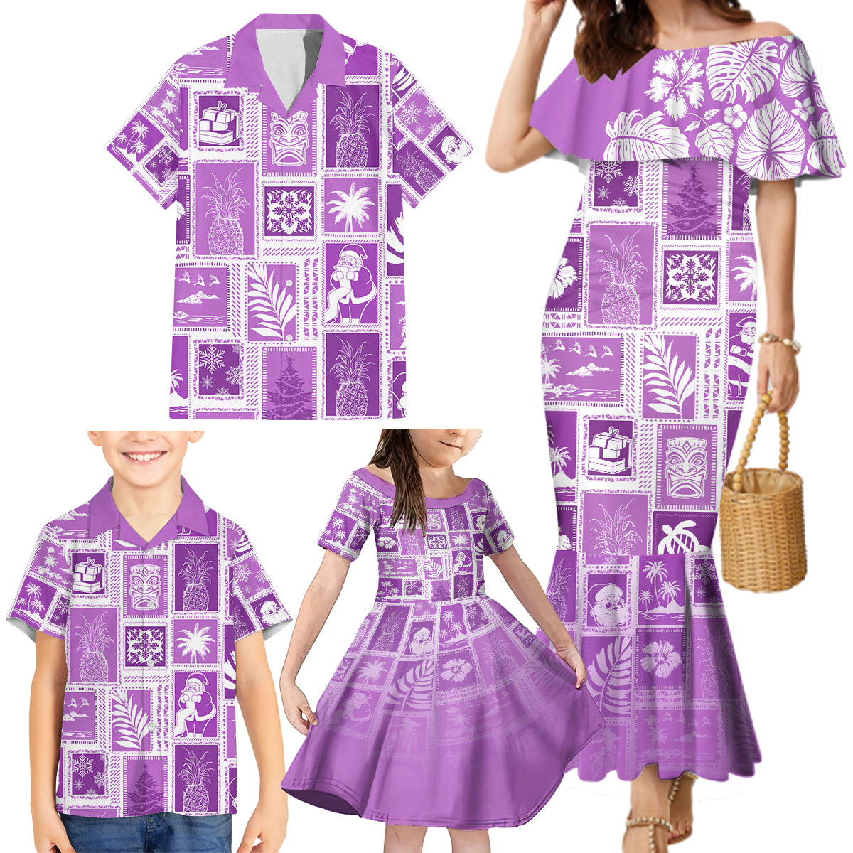 Hawaii Christmas Retro Patchwork Family Matching Mermaid Dress and Hawaiian Shirt Violet LT7 - Wonder Print Shop
