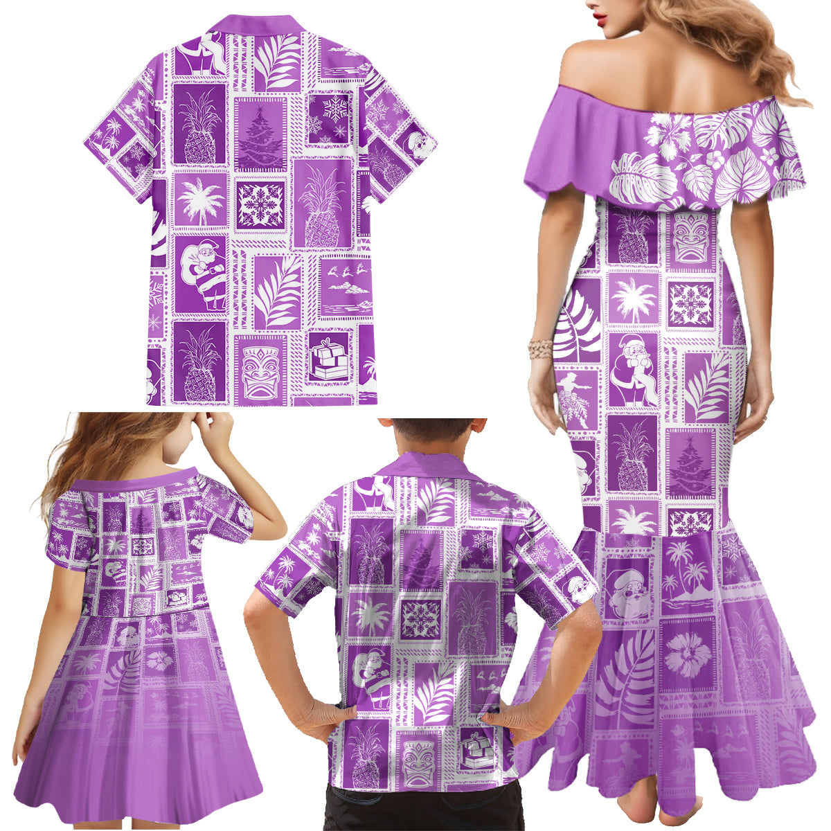 Hawaii Christmas Retro Patchwork Family Matching Mermaid Dress and Hawaiian Shirt Violet LT7 - Wonder Print Shop