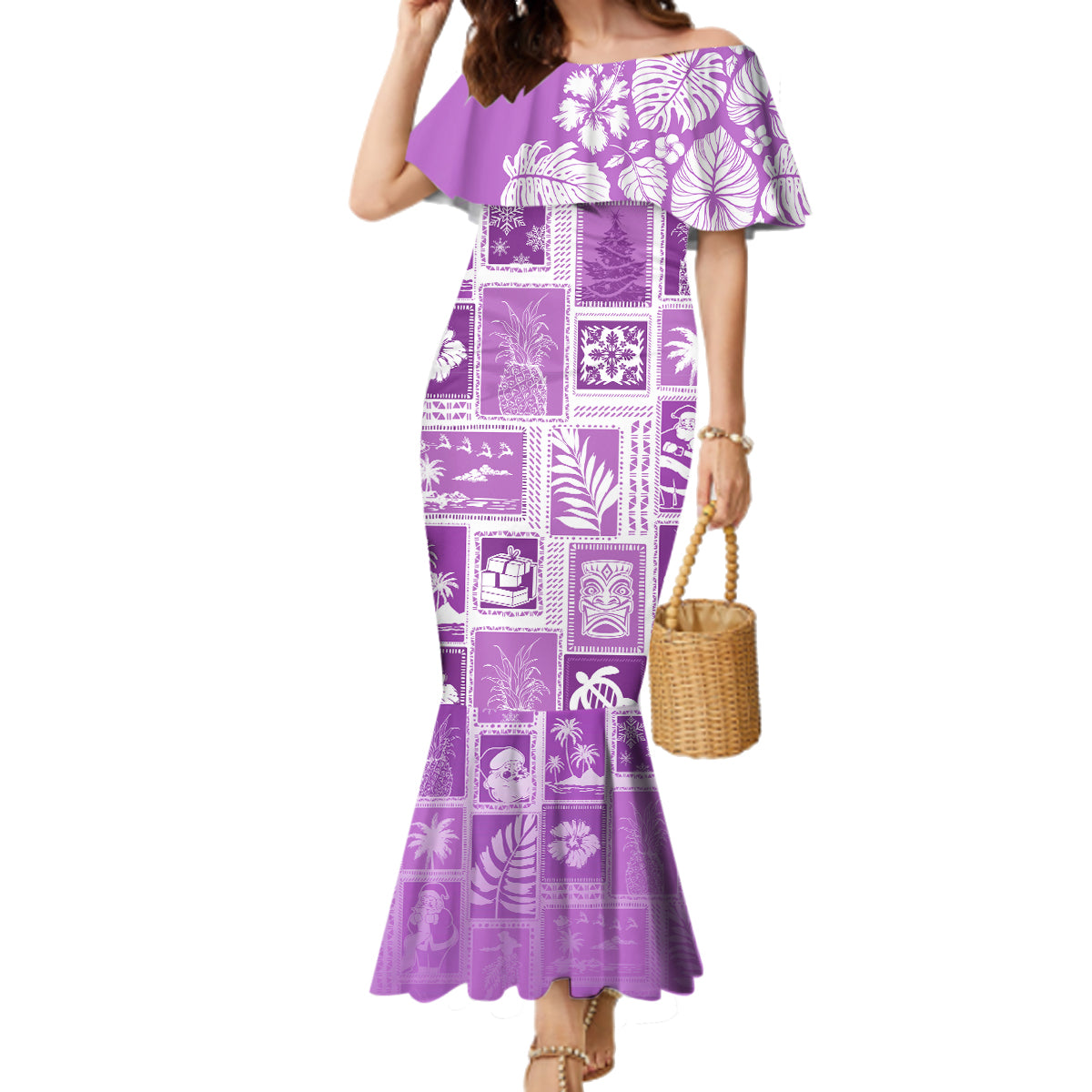 Hawaii Christmas Retro Patchwork Family Matching Mermaid Dress and Hawaiian Shirt Violet LT7 - Wonder Print Shop
