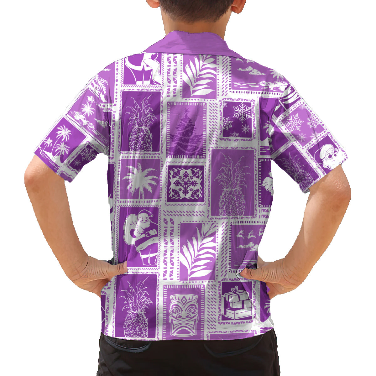 Hawaii Christmas Retro Patchwork Family Matching Off Shoulder Long Sleeve Dress and Hawaiian Shirt Violet - Wonder Print Shop