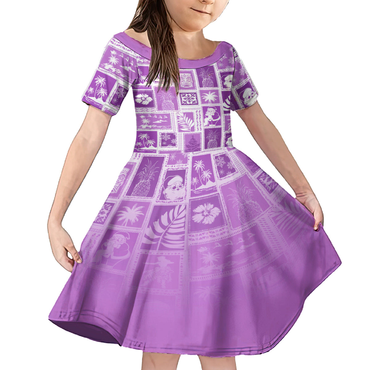 Hawaii Christmas Retro Patchwork Family Matching Off Shoulder Long Sleeve Dress and Hawaiian Shirt Violet - Wonder Print Shop