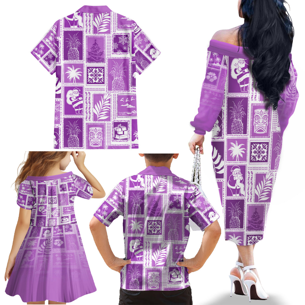 Hawaii Christmas Retro Patchwork Family Matching Off Shoulder Long Sleeve Dress and Hawaiian Shirt Violet - Wonder Print Shop