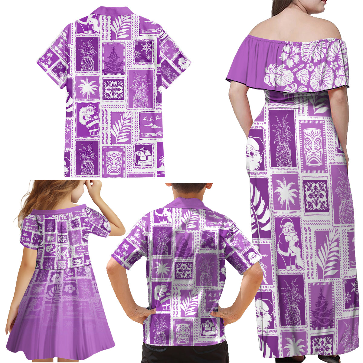 Hawaii Christmas Retro Patchwork Family Matching Off Shoulder Maxi Dress and Hawaiian Shirt Violet LT7 - Wonder Print Shop