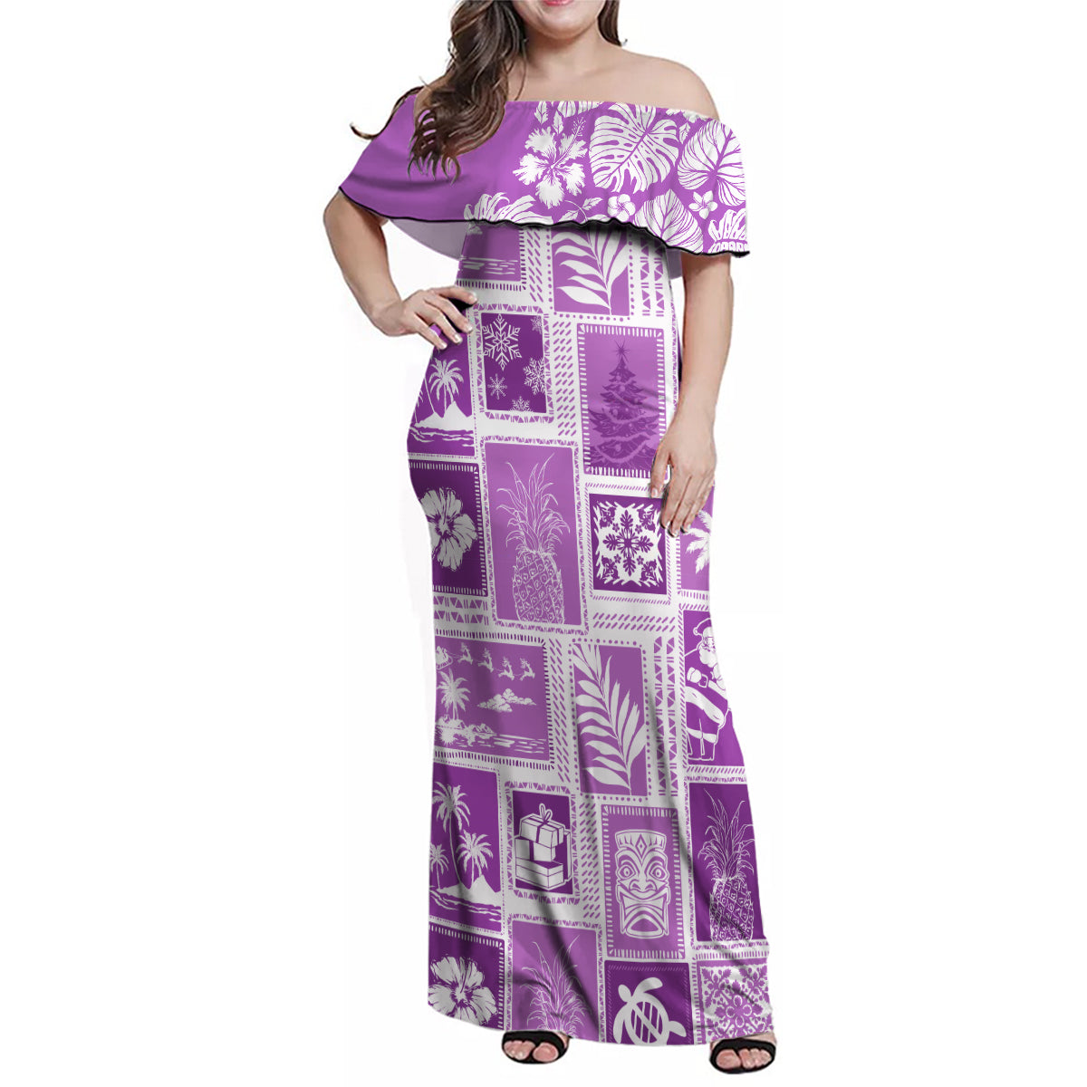 Hawaii Christmas Retro Patchwork Family Matching Off Shoulder Maxi Dress and Hawaiian Shirt Violet LT7 - Wonder Print Shop