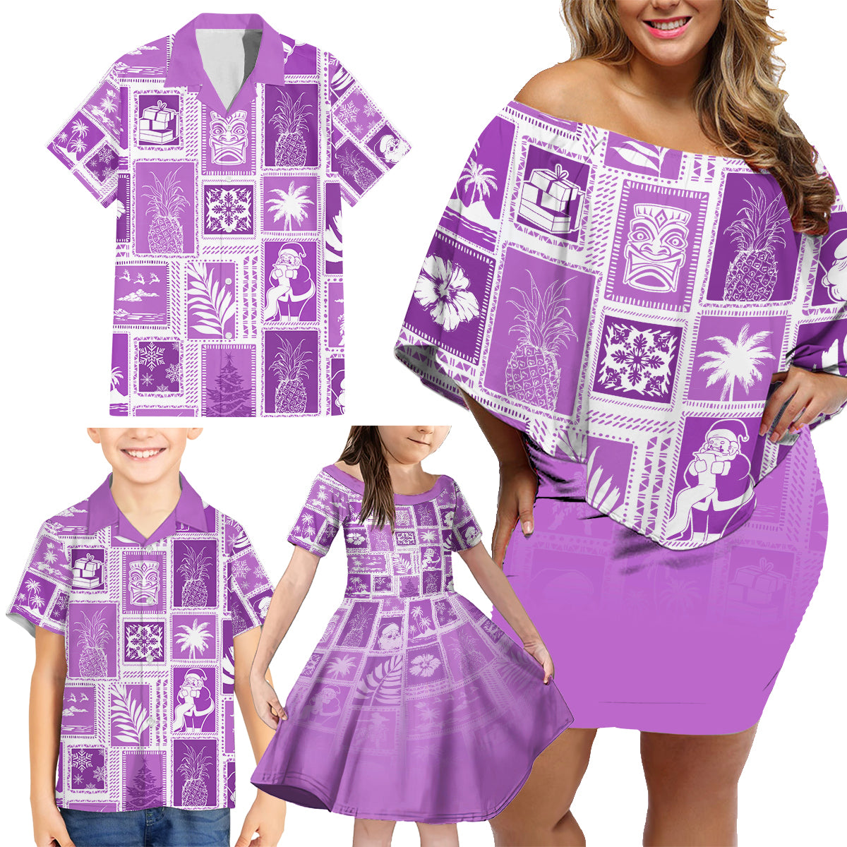Hawaii Christmas Retro Patchwork Family Matching Off Shoulder Short Dress and Hawaiian Shirt Violet LT7 - Wonder Print Shop