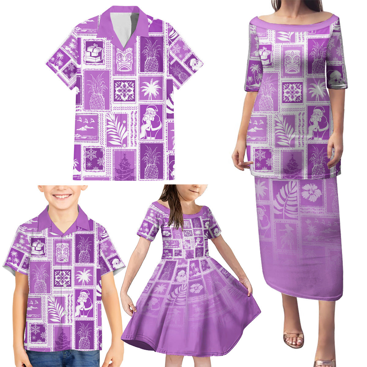 Hawaii Christmas Retro Patchwork Family Matching Puletasi Dress and Hawaiian Shirt Violet - Wonder Print Shop