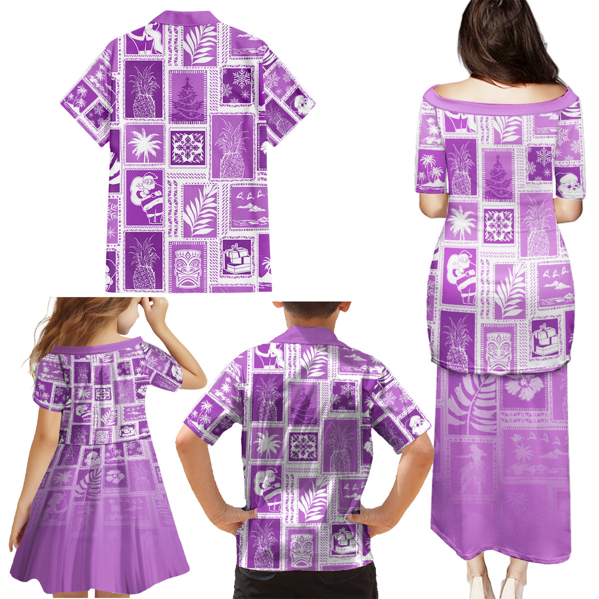 Hawaii Christmas Retro Patchwork Family Matching Puletasi Dress and Hawaiian Shirt Violet - Wonder Print Shop