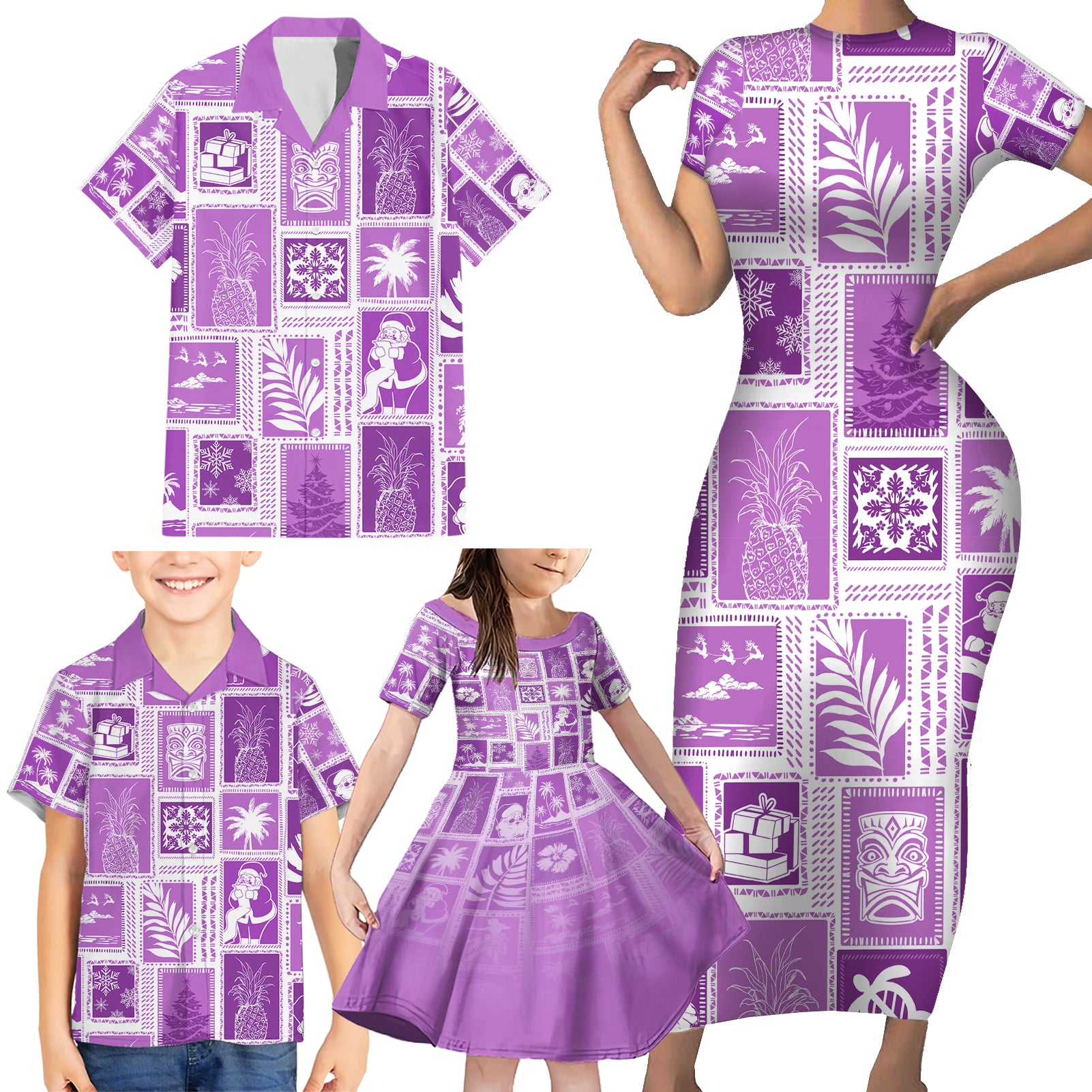 Hawaii Christmas Retro Patchwork Family Matching Short Sleeve Bodycon Dress and Hawaiian Shirt Violet - Wonder Print Shop